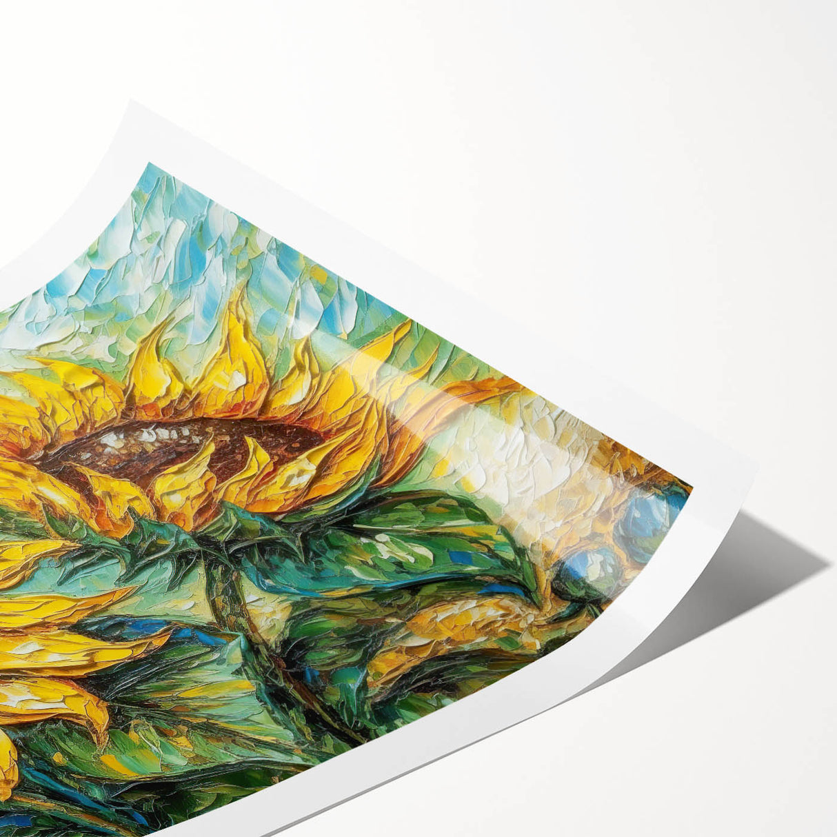 Vibrant botanical wall art print showcasing a sunflower design, rolled and ready for framing. Ideal for home decor, bringing a touch of nature indoors.