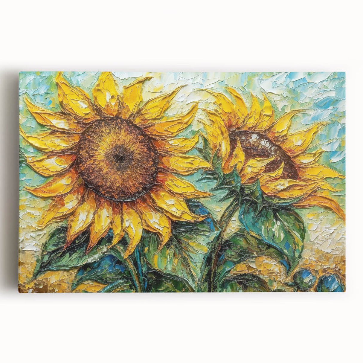Stretched canvas wall art showcasing a vibrant sunflower design, featuring rich yellow petals and intricate green leaves, perfect for home decor or botanical enthusiasts.