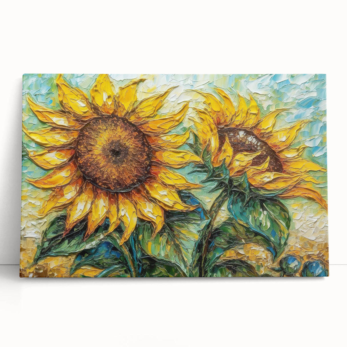 Bright and vibrant botanical wall art featuring a detailed sunflower design on stretched canvas, elegantly leaning against a neutral background, ideal for home decor.