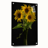 Acrylic glass wall art featuring a vibrant sunflower botanical design, showcasing intricate details and colors, elegantly displayed with pins on a white background.