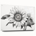 Acrylic wall art featuring a botanical sunflower design, showcasing vibrant yellows and greens, elegantly displayed from a side view with visible pins for mounting. Perfect for home decor enthusiasts seeking nature-inspired artwork.