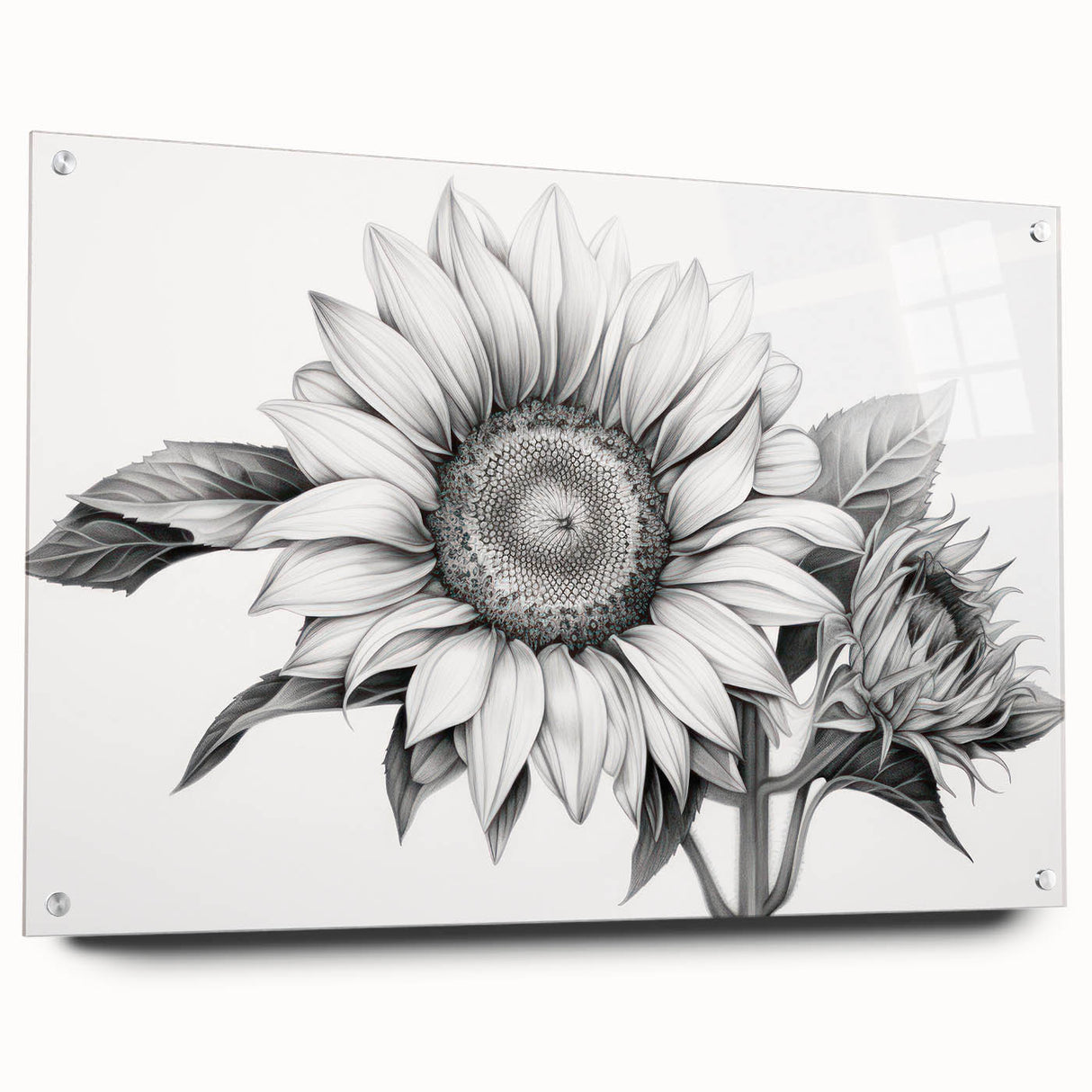 Acrylic wall art featuring a botanical sunflower design, showcasing vibrant yellows and greens, elegantly displayed from a side view with visible pins for mounting. Perfect for home decor enthusiasts seeking nature-inspired artwork.