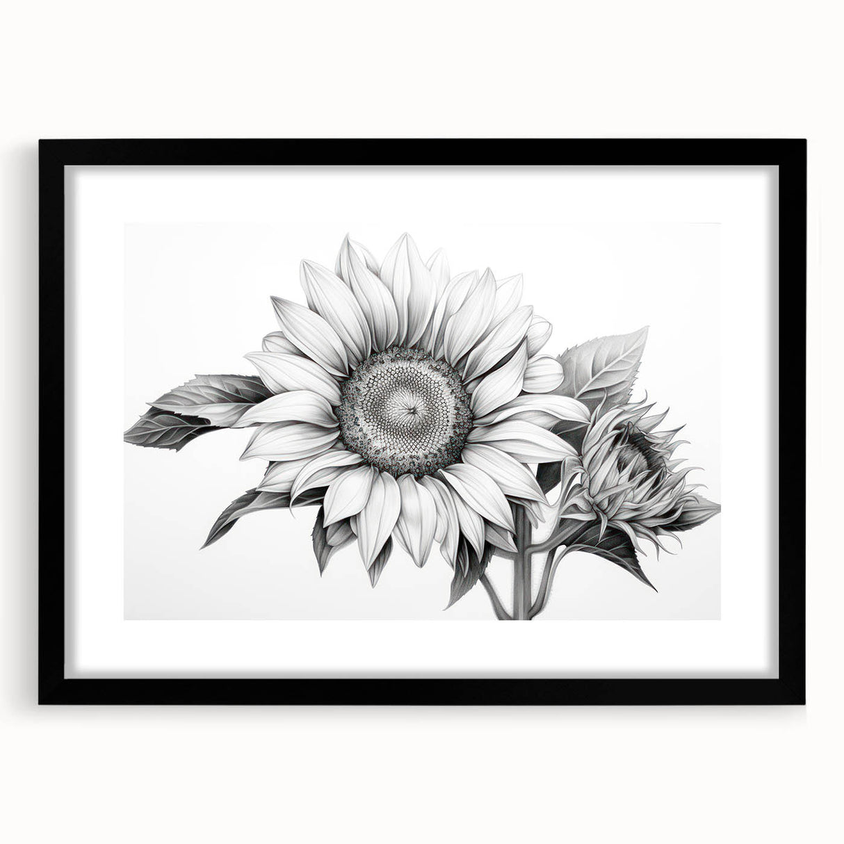 Botanical wall art featuring a stunning sunflower design in a black frame with a mat. Ideal for home decor, this piece adds vibrant color and a natural touch to any room.