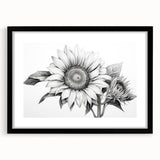 Botanical wall art featuring a stunning sunflower design in a black frame with a mat. Ideal for home decor, this piece adds vibrant color and a natural touch to any room.