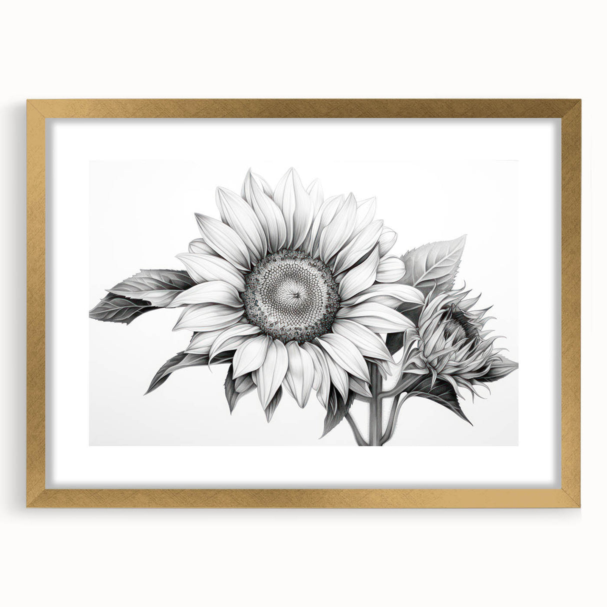Botanical sunflower wall art collection framed in gold, showcasing vibrant yellow sunflowers against a white background, perfect for brightening home decor.