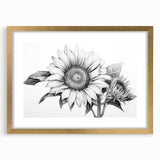 Botanical sunflower wall art collection framed in gold, showcasing vibrant yellow sunflowers against a white background, perfect for brightening home decor.