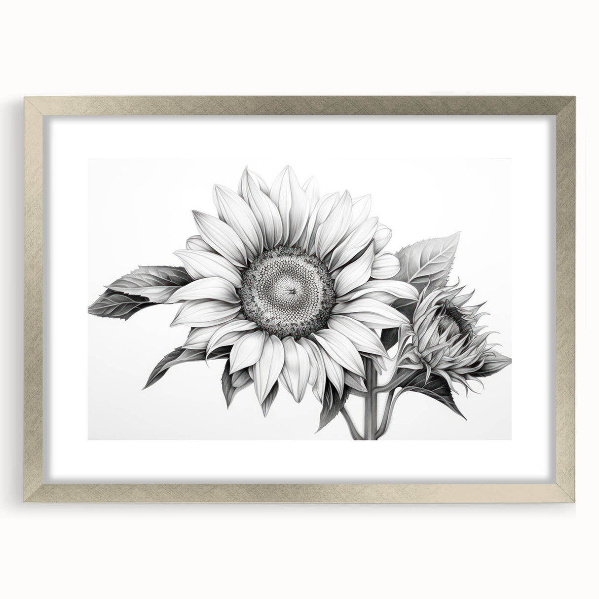 Botanical wall art featuring a vibrant sunflower design in a silver frame with matting, showcasing intricate details and a modern aesthetic for home decor.