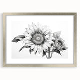 Botanical wall art featuring a vibrant sunflower design in a silver frame with matting, showcasing intricate details and a modern aesthetic for home decor.
