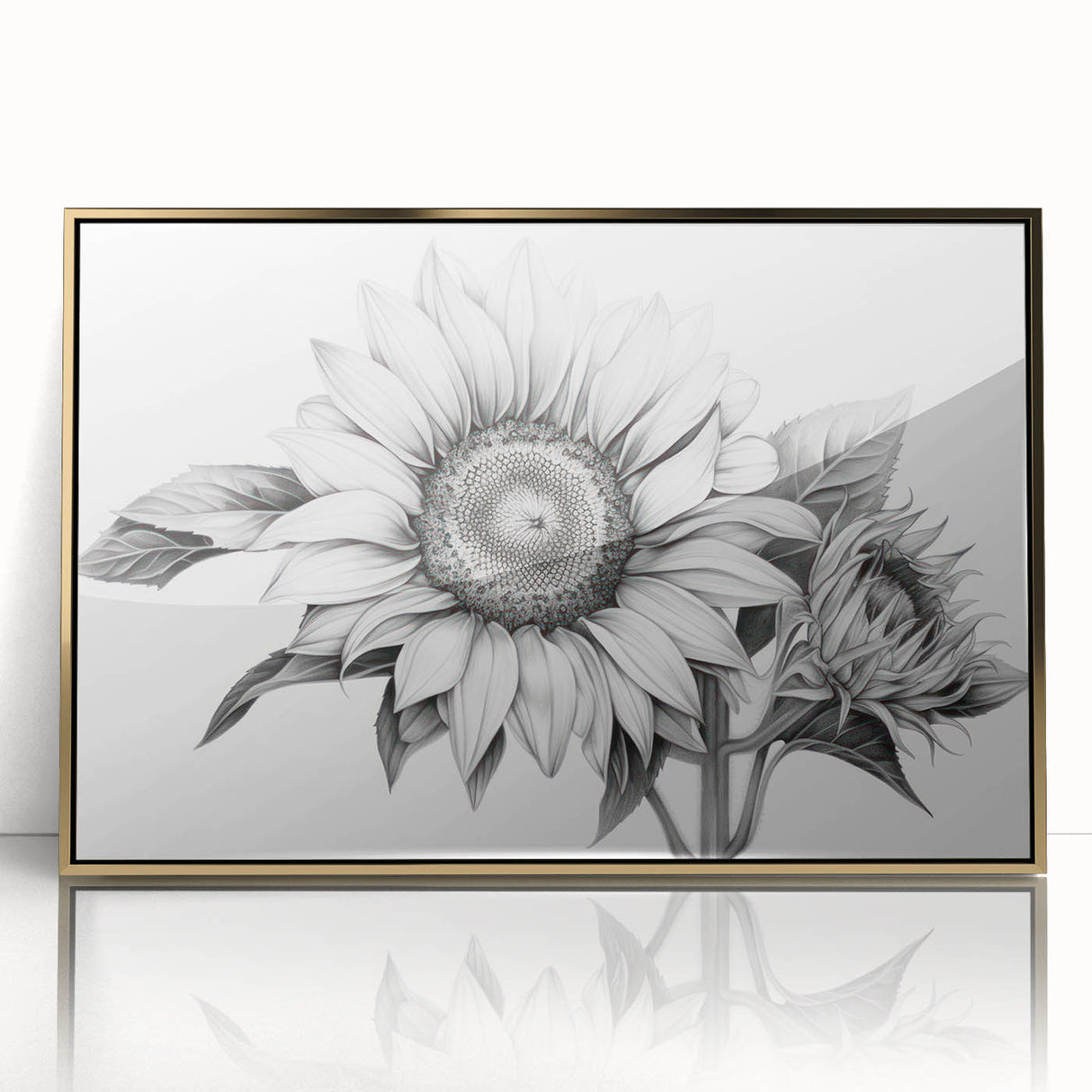 Framed wall art featuring a botanical sunflower design with vibrant yellow petals and delicate green leaves, elegantly displayed in a gold acrylic frame. Ideal for brightening up any space.