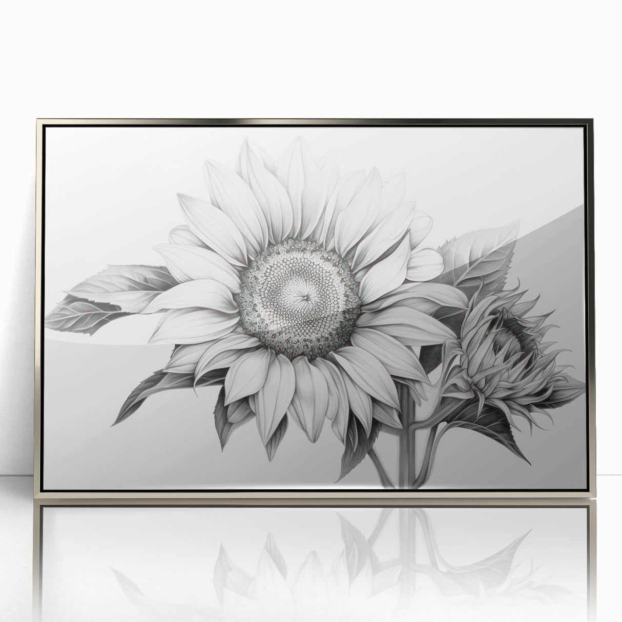 Framed wall art showcasing a vibrant botanical design featuring sunflowers, set in an elegant silver frame, ideal for brightening home decor.
