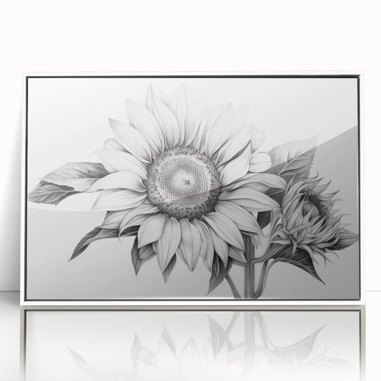 Framed acrylic wall art featuring a vibrant sunflower design in a botanical style, set against a white background, perfect for brightening any interior decor.