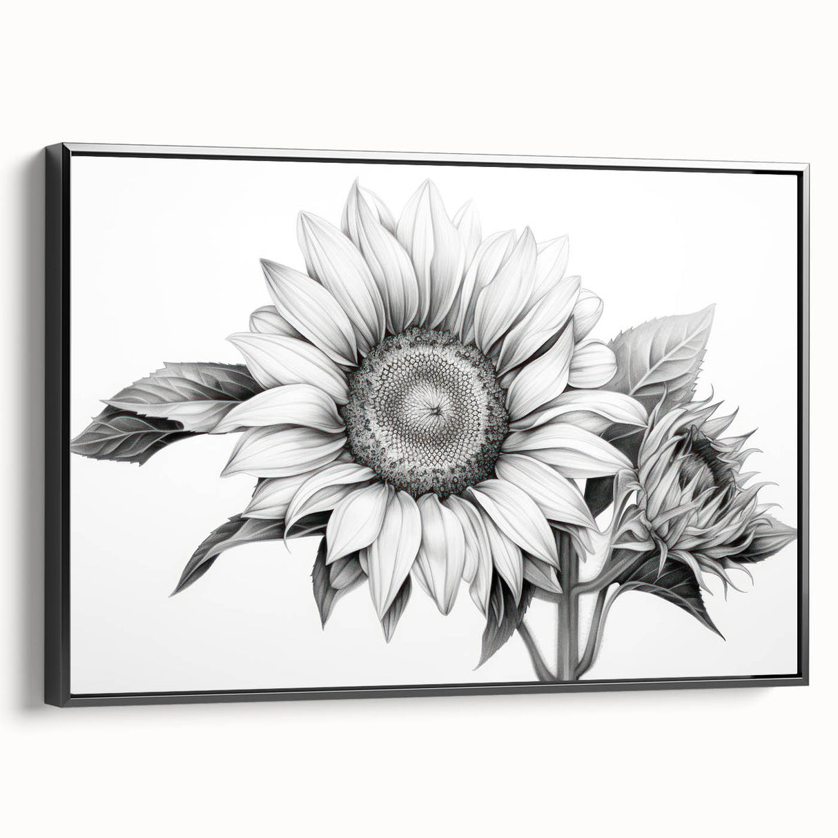 Framed wall art featuring a vibrant botanical sunflower design on canvas, showcasing a black frame. The artwork captures the intricate details of sunflowers, enhancing any decor with a natural touch. Perfect for brightening living spaces or adding a floral accent to home interiors.