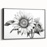 Framed wall art featuring a vibrant botanical sunflower design on canvas, showcasing a black frame. The artwork captures the intricate details of sunflowers, enhancing any decor with a natural touch. Perfect for brightening living spaces or adding a floral accent to home interiors.