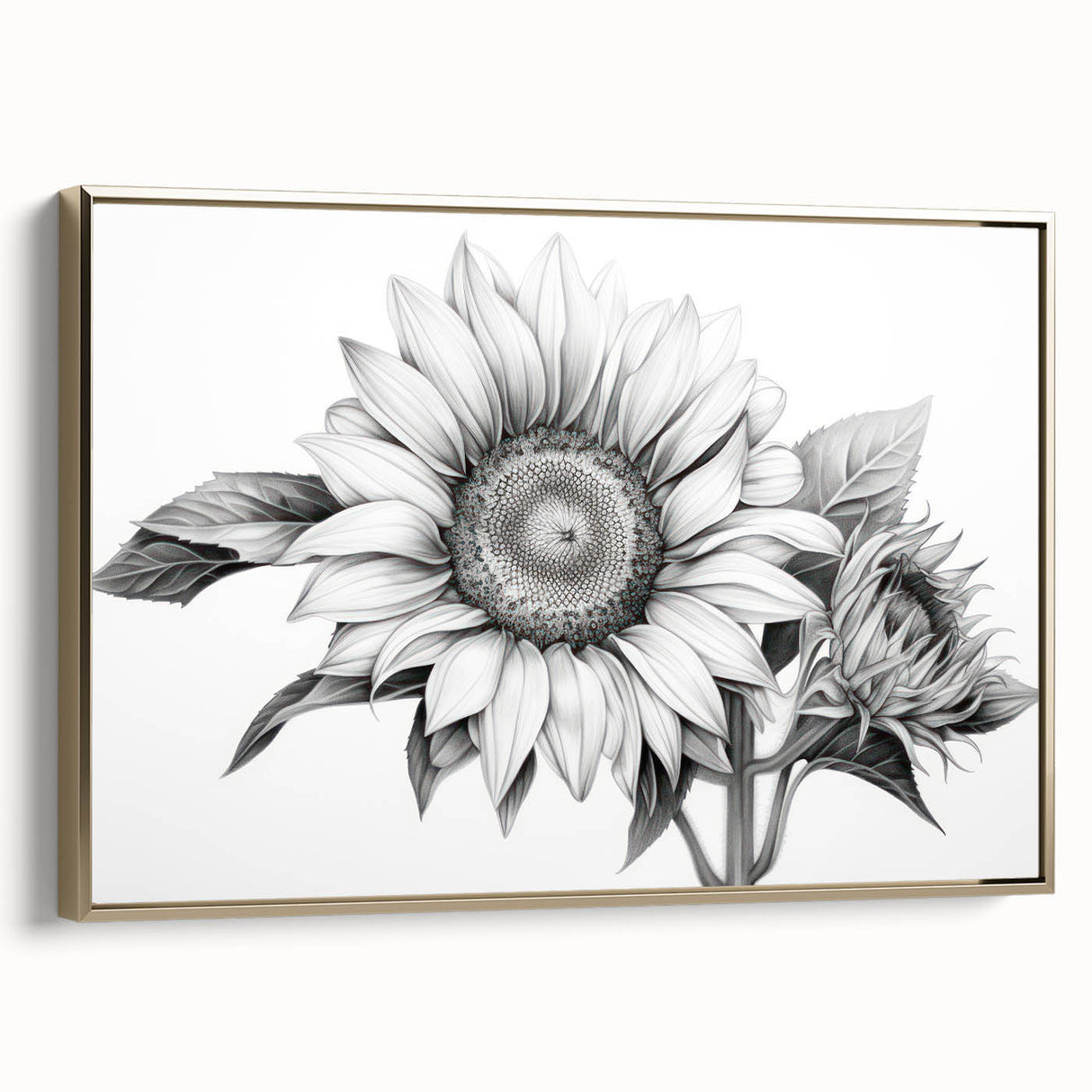 Framed canvas wall art showcasing a vibrant botanical sunflower design, featuring golden accents and a sleek side view that enhances its modern aesthetic. Perfect for brightening any living space or office.