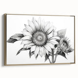 Framed canvas wall art showcasing a vibrant botanical sunflower design, featuring golden accents and a sleek side view that enhances its modern aesthetic. Perfect for brightening any living space or office.