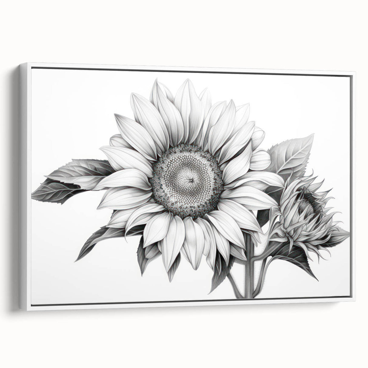 Framed botanical wall art featuring a vibrant sunflower design on a white background, showcasing intricate details and textures, perfect for home decor.