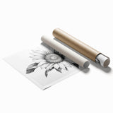 Vibrant botanical wall art print showcasing a detailed sunflower design in bright yellow and green hues, rolled and ready for framing or display. Ideal for home decor enthusiasts seeking nature-inspired artwork.