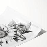 Botanical wall art print showcasing vibrant sunflowers against a light background, rolled and ready for framing, perfect for home decor enthusiasts.