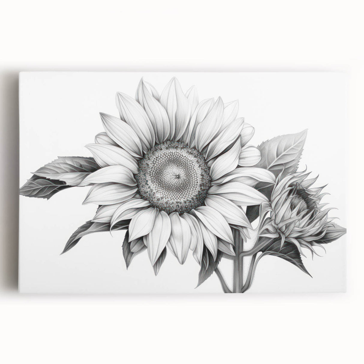 Vibrant botanical wall art featuring a detailed sunflower design on stretched canvas, showcasing warm yellow petals against a textured background, perfect for home decor.