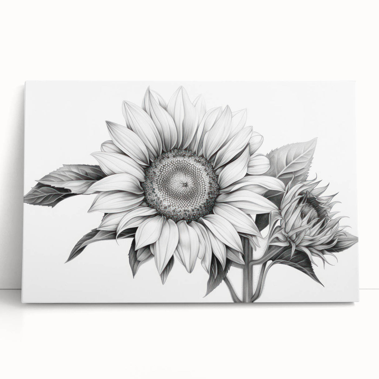 Stretched canvas wall art featuring a vibrant botanical sunflower design, showcasing bold yellow petals and green leaves, perfect for home decor and adding a cheerful touch to any space.