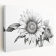 Stretched canvas wall art featuring a vibrant botanical sunflower design in full bloom, showcasing bright yellow petals and lush green leaves, perfect for home decor.