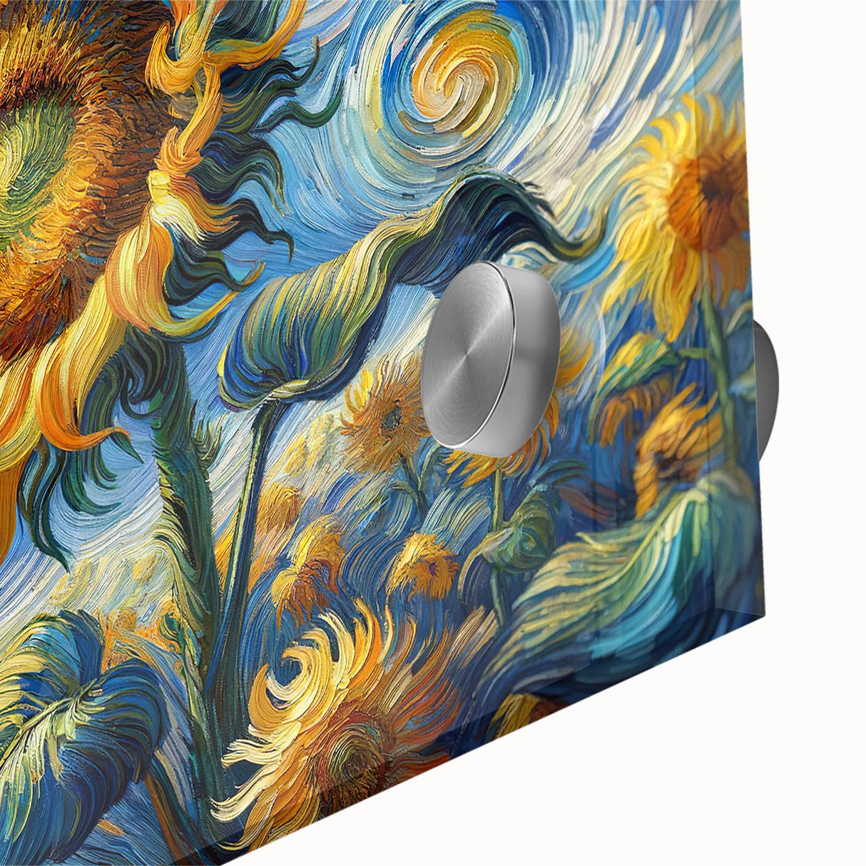 Close-up of a vibrant sunflower design on acrylic glass, showcasing intricate details and rich colors in a botanical wall art collection, ideal for home decor.