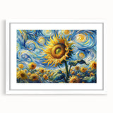 Botanical wall art featuring a stunning sunflower design, framed with a white mat, showcasing vibrant yellow petals and green leaves, perfect for home decor.