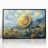 Framed wall art showcasing a botanical sunflower design in vibrant yellow and green hues, set against a sleek black frame, perfect for home decor.