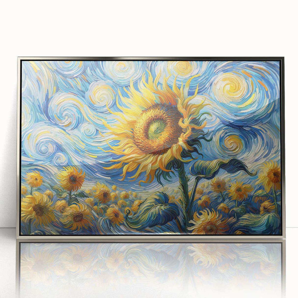 Framed wall art showcasing a vibrant botanical sunflower design with a silver-acrylic finish, perfect for adding a touch of nature to modern interiors.