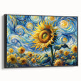 Framed canvas artwork showcasing a vibrant botanical sunflower design in a sleek black frame, perfect for home decor or artistic display. The side view highlights its modern aesthetic and intricate floral details.
