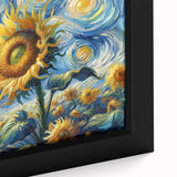Close-up of a vibrant botanical sunflower design framed canvas wall art, showcasing intricate details and rich colors, perfect for enhancing home decor.