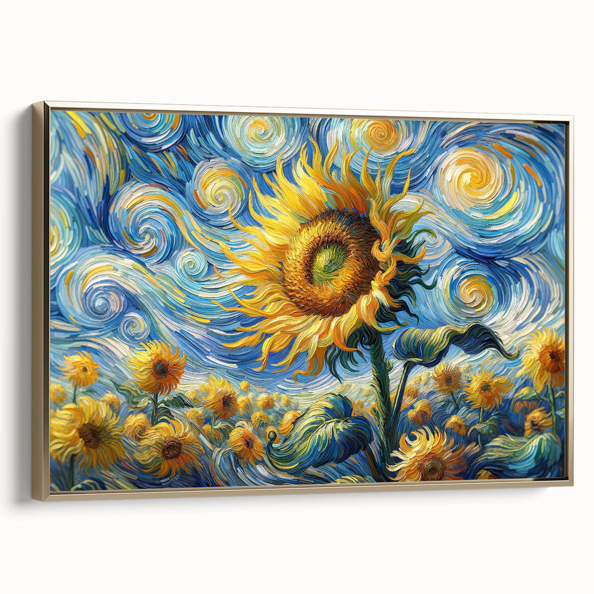 Framed wall art featuring a botanical sunflower design on canvas, showcased in a gold frame, highlighting vibrant yellows and greens, perfect for home decor.