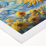Vibrant rolled canvas featuring an intricate sunflower botanical design, showcasing rich yellows and greens, ideal for brightening home decor. Perfect for nature lovers.