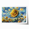 Bright botanical wall art featuring a detailed sunflower design, showcasing vibrant yellow petals and green leaves, rolled for easy display and shipping.