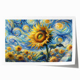 Bright botanical wall art featuring a detailed sunflower design, showcasing vibrant yellow petals and green leaves, rolled for easy display and shipping.