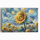 Stretched canvas wall art showcasing a vibrant sunflower botanical design, featuring bold yellow petals and green leaves, perfect for brightening up any room decor.