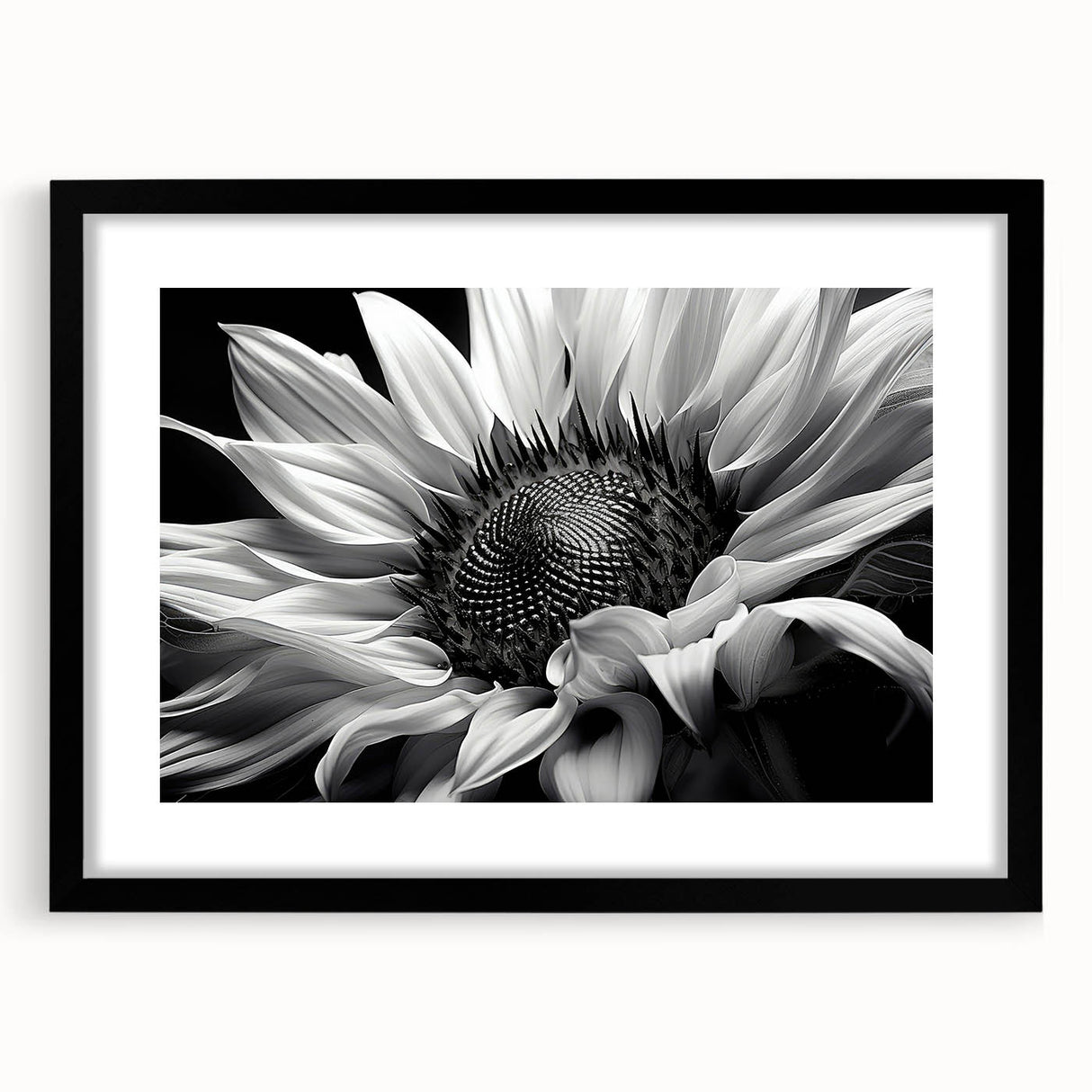 Botanical wall art featuring a vibrant sunflower design, framed in black with a mat, showcasing a modern aesthetic perfect for home decor.