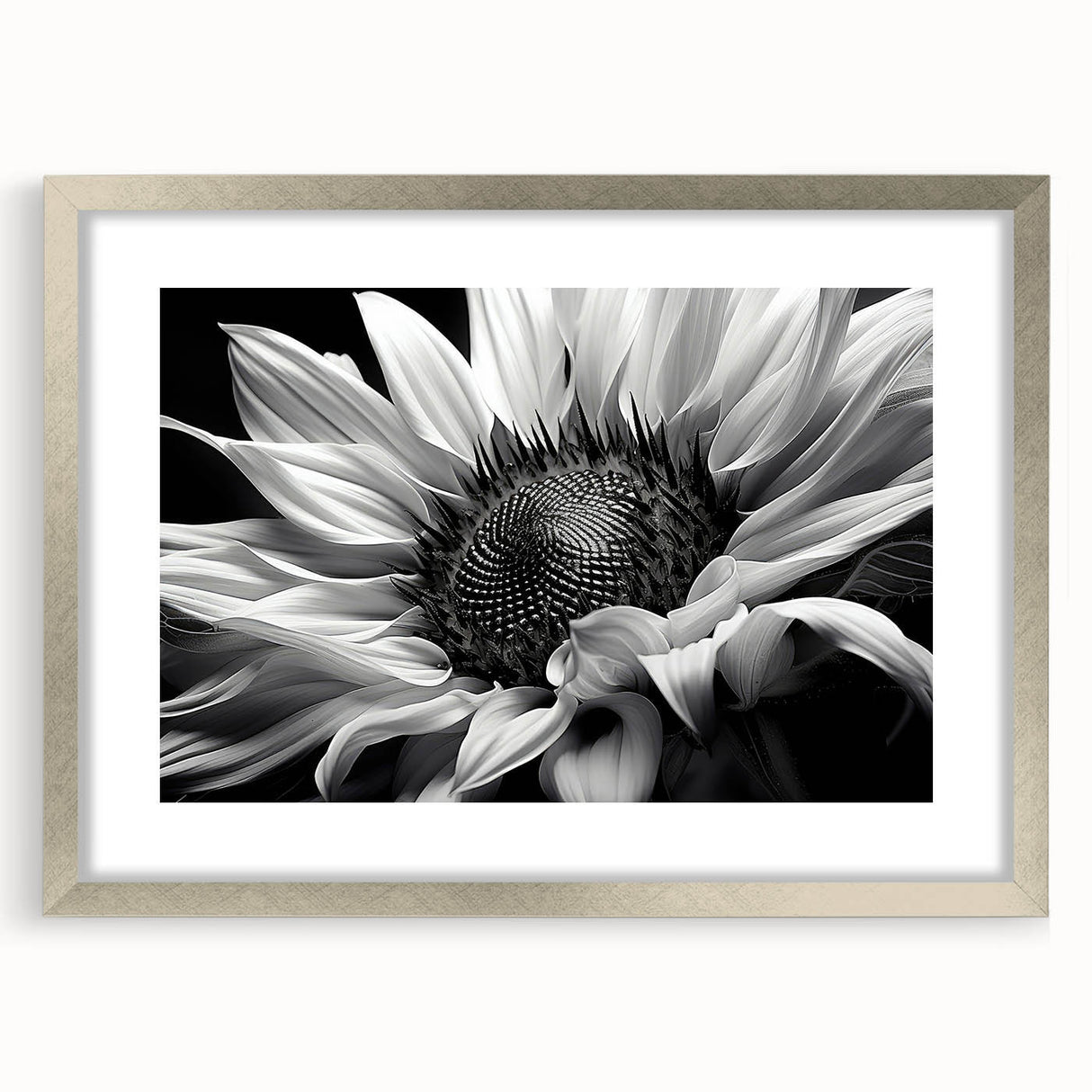 Botanical wall art featuring a vibrant sunflower design in a silver frame with matting, perfect for enhancing home decor and adding a touch of nature.