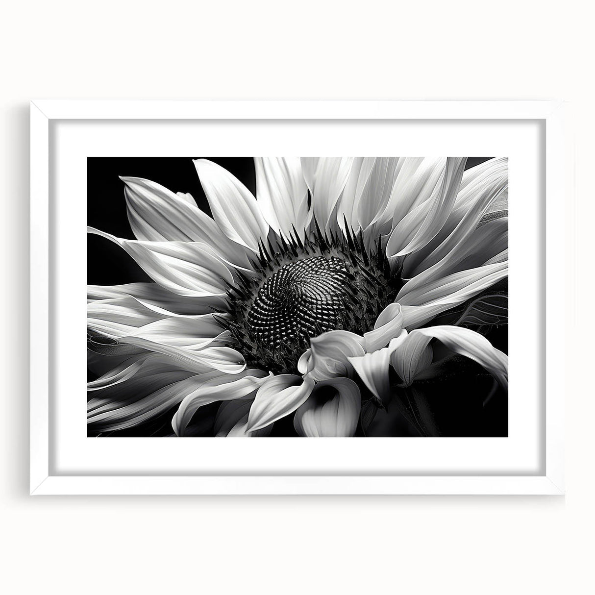Botanical wall art featuring a vibrant sunflower design framed in white with a mat, perfect for home decor or gifting, showcasing bright yellow petals and intricate details.