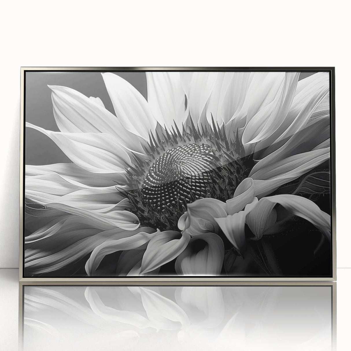 Framed acrylic wall art featuring a vibrant sunflower botanical design with silver accents, perfect for adding a touch of nature-inspired decor to any room.