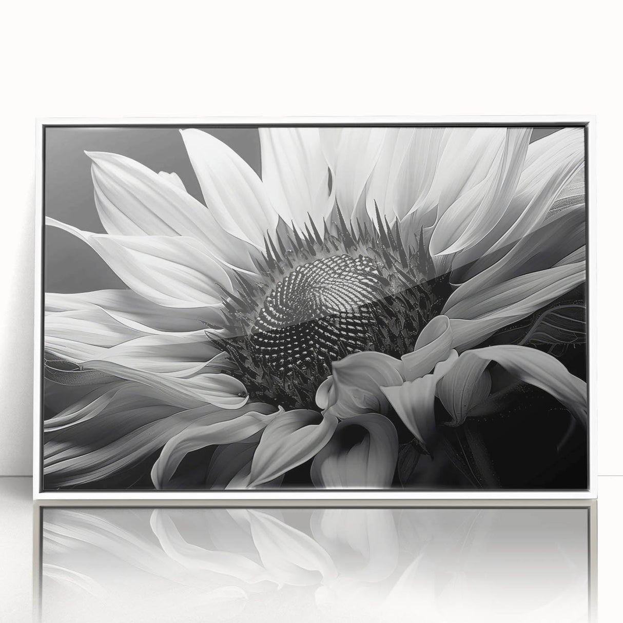 Framed wall art featuring a vibrant botanical sunflower design in acrylic, showcasing a white frame and glass front, perfect for home decor and nature enthusiasts.