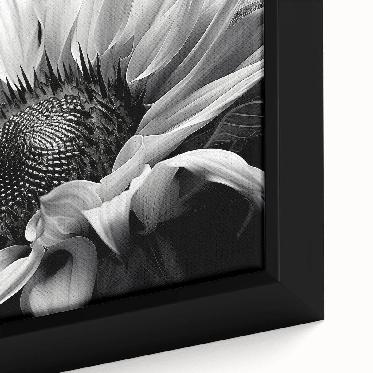 Close-up of a vibrant sunflower botanical design framed canvas wall art, showcasing intricate details and rich yellow hues, perfect for home decor.