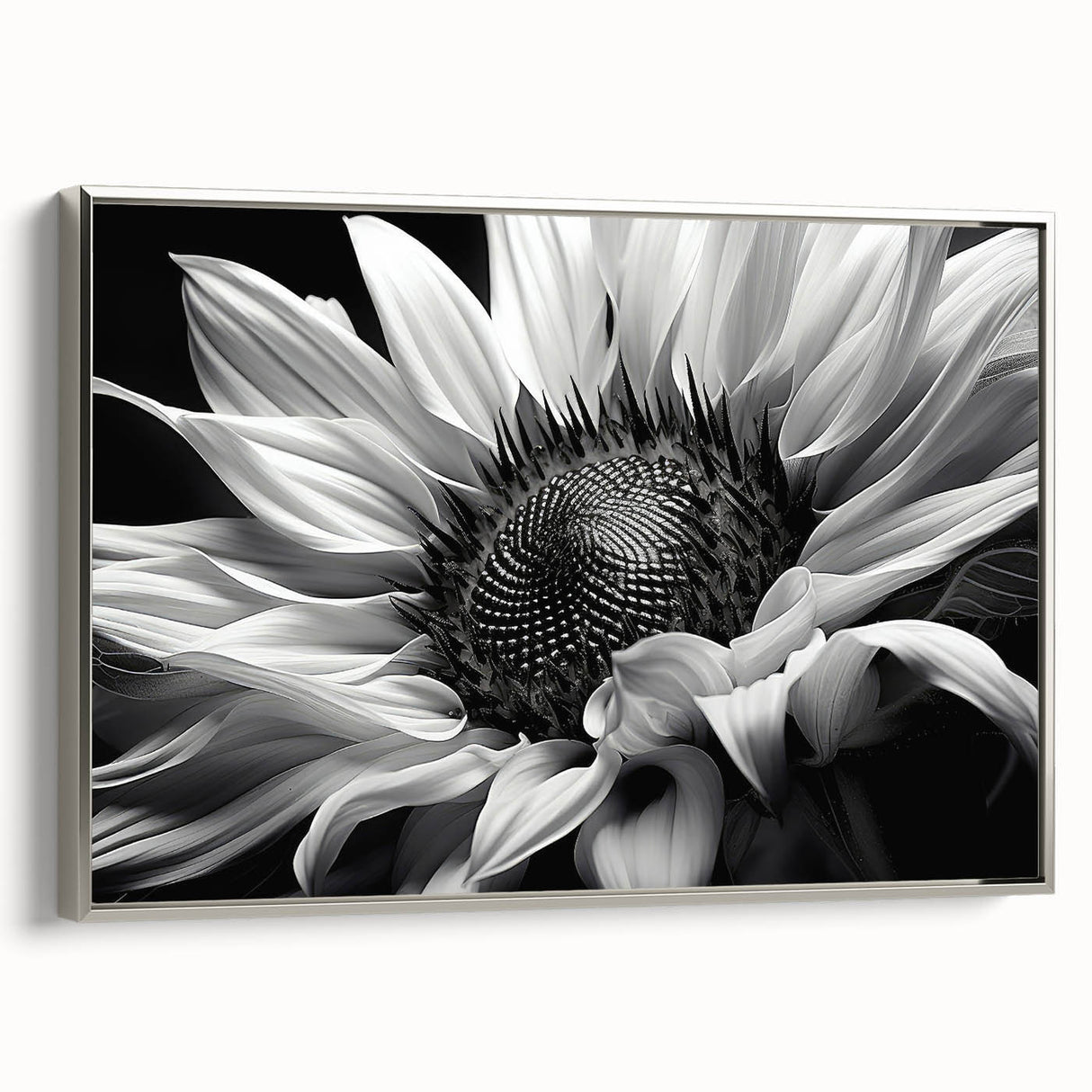 Framed canvas wall art featuring a botanical sunflower design with vibrant yellow petals and intricate details, showcased from a silver side view in an elegant setting.