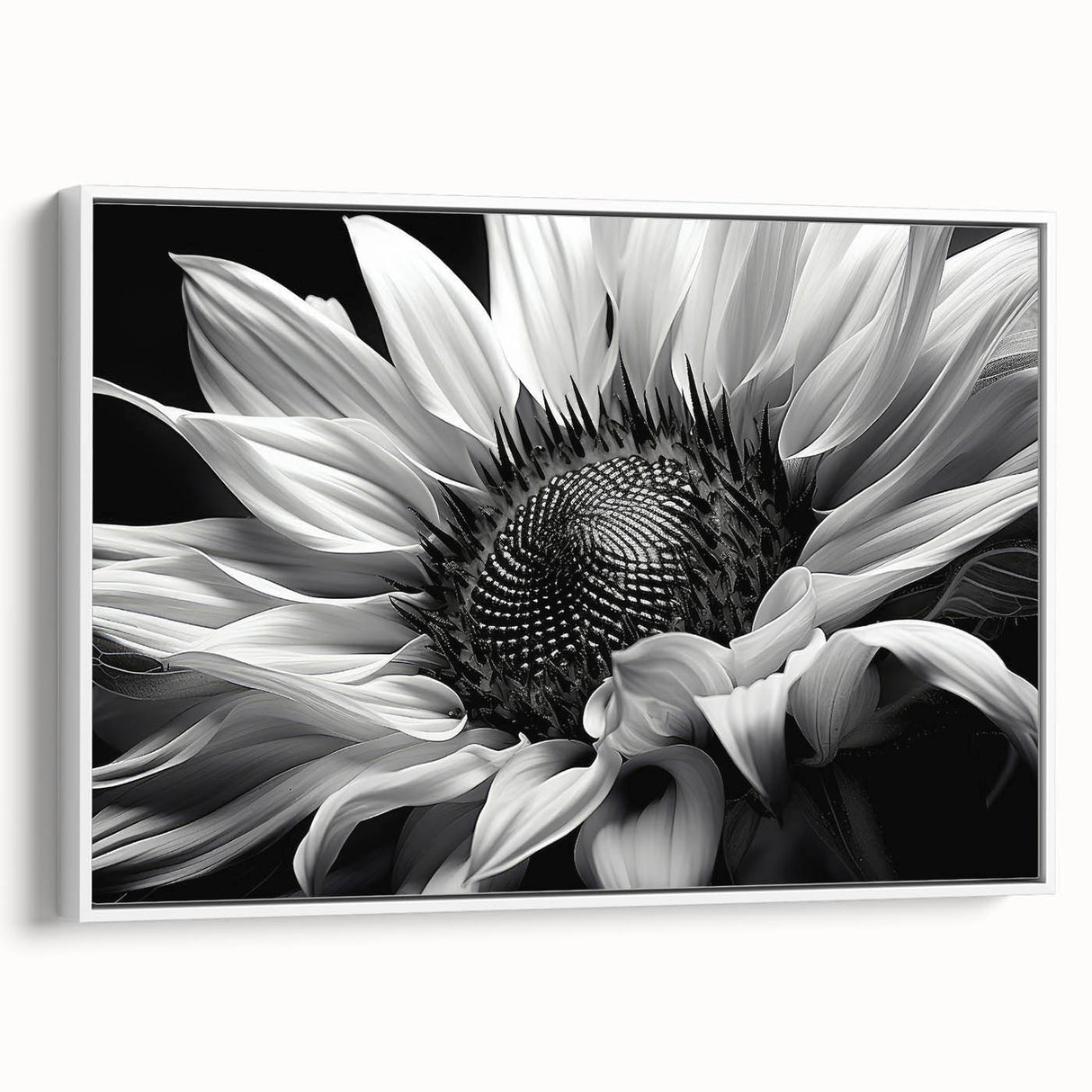 Framed canvas wall art showcasing a vibrant sunflower botanical design with a white frame, perfect for brightening home decor and enhancing interior aesthetics.
