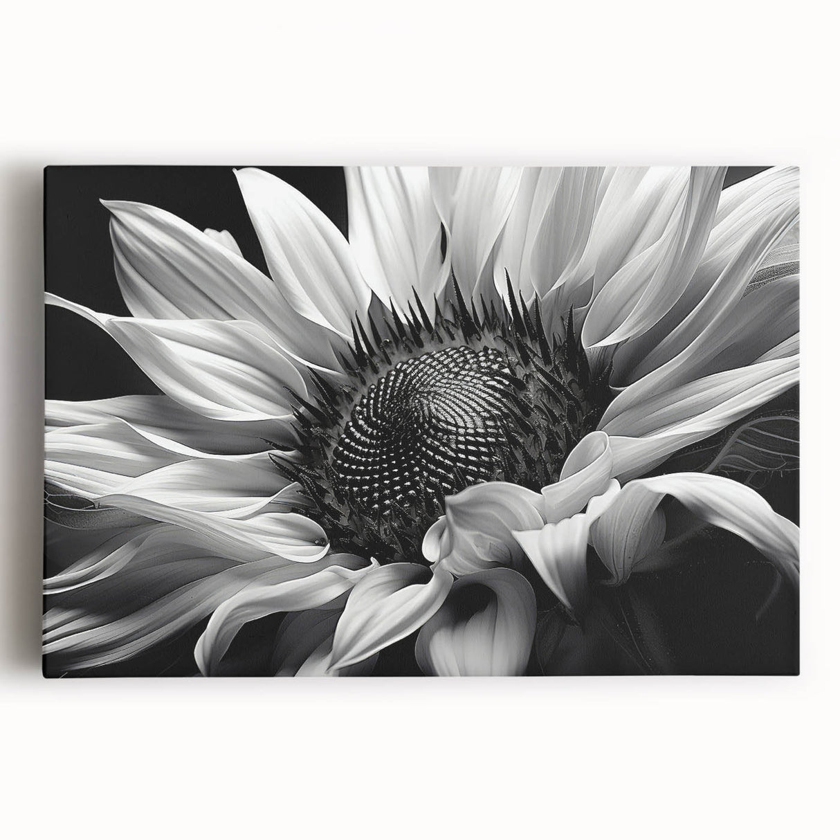 Stretched canvas wall art showcasing a vibrant botanical sunflower design, featuring vivid yellow petals and lush green leaves, perfect for brightening any space.