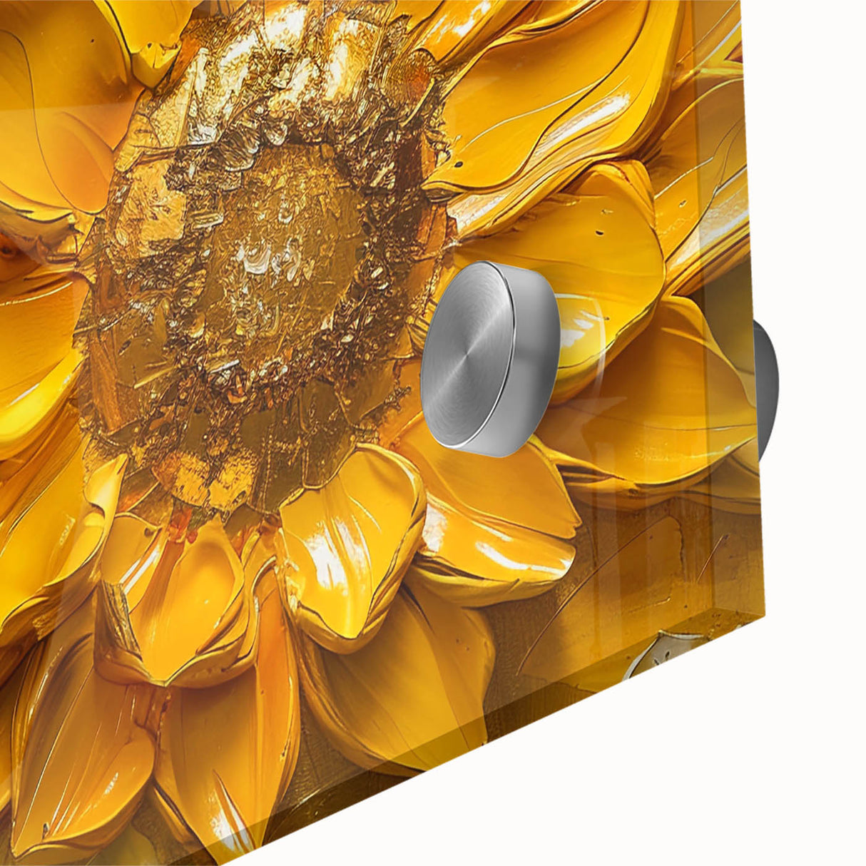 Close-up of a vibrant botanical sunflower wall art design in acrylic glass, showcasing intricate details and bright yellow petals, perfect for home decor.