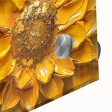 Close-up of a vibrant botanical sunflower wall art design in acrylic glass, showcasing intricate details and bright yellow petals, perfect for home decor.