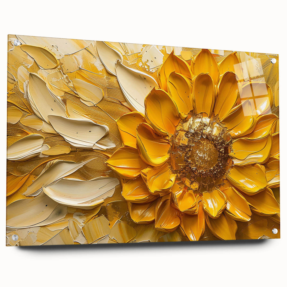 Acrylic glass wall art featuring a vibrant sunflower design from a botanical collection, showcased in a side view with decorative pins for hanging.