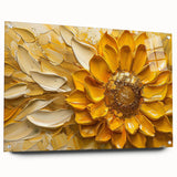 Acrylic glass wall art featuring a vibrant sunflower design from a botanical collection, showcased in a side view with decorative pins for hanging.