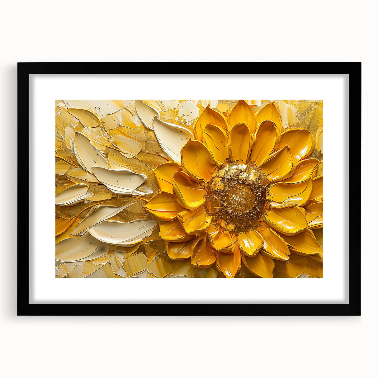 Botanical wall art featuring a vibrant sunflower design in a sleek black frame with matting, perfect for brightening up modern interiors. Ideal for nature lovers and home decor enthusiasts.
